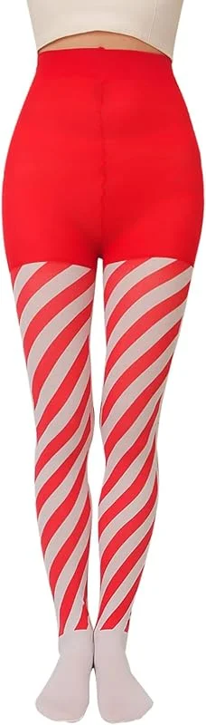 Marke: AWJUWHBJ Weihnachtsstrumpfhose, diagonal, gestreift, Zuckerstange, volle Länge, Strumpfhose, Oberschenkelhohe Strümpfe, Cosplay-Kostüm, Zubehör, gestreifte Strumpfhose, Damen, mehrfarbig — Weihnachtsmode