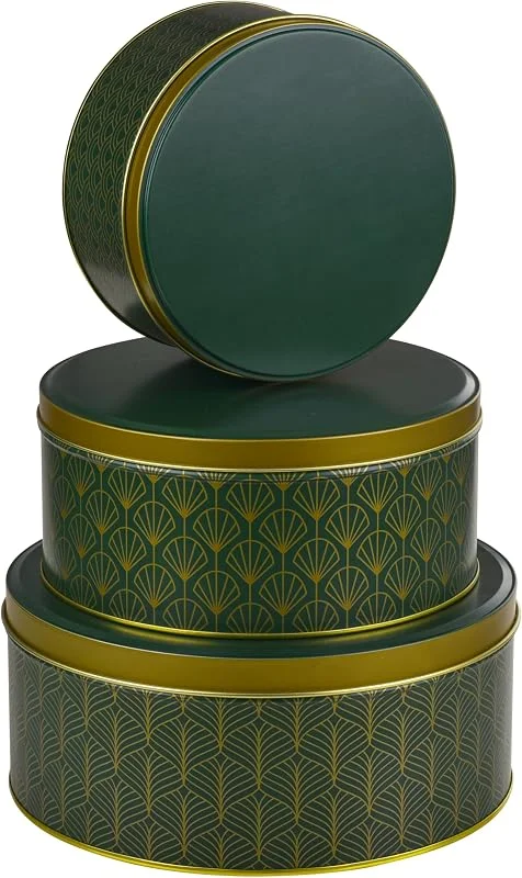 Marke: BALOU LIVING 3er Set Keksdose Weihnachten rund, Pattern grün, gold — Geschenkverpackung