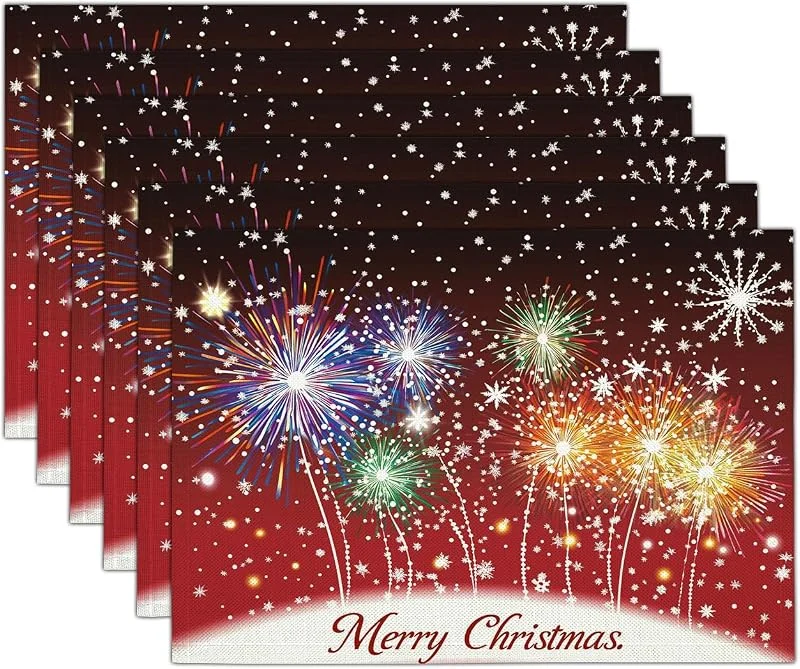 Marke: GDJSMIN 2er Set Platzset Weihnachten Tischset Dunkelrot Weihnachten Leinen Platzdeckchen 30x45cm Weihnachtskartenstil Tischsets mit Schneeflocken- Und Feuerwerkselemente Weihnachtsdeko — Küche & Haushalt