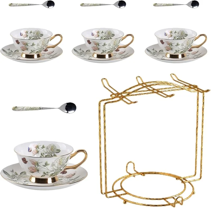 Marke: HSTWODE 8 Stück Europäischen Blumen Tee Set, Bone China Tee Set Service Kaffee Set, 9 Optionen.Mit Geschenkbox, für hochwertige Geschenke und Haushalt, Hochzeit. (Weiße Rose Muster) — Geschenkverpackung