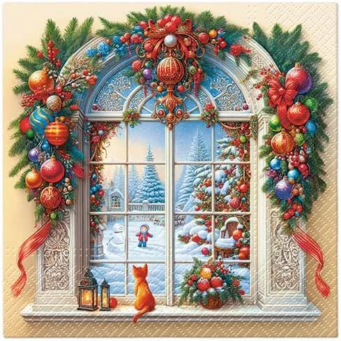 Marke: Malagro 20 Servietten Weihnachten Dekoriertes Weihnachtsfenster als Tischdeko. Papierservietten mit Motiv. Auch für Decoupage und Serviettentechnik 33x33cm — Advent und Tisch