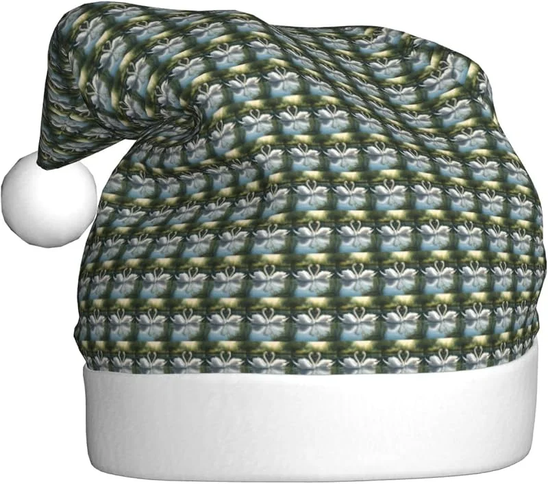 Marke: Tamiger Schöne weiße Schwäne auf dem See, Weihnachtsmütze, saisonal, festlich — Weihnachtsmode