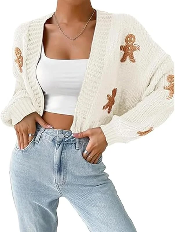 Marke: Acrawnni Acrawnni Damen Weihnachten Cropped Cardigan Pullover Y2K Langarm Knopfleiste vorne offen hässlich Lebkuchenmann Stickerei Cardigan Strickwaren Tops — Weihnachtsmode