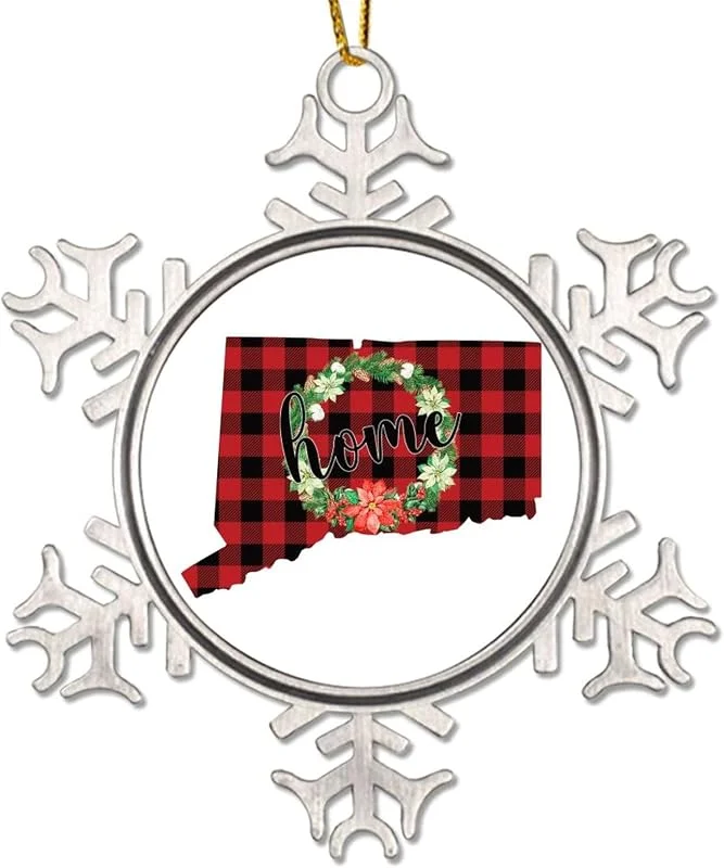 Marke: CowkissSign Weihnachtskranz Connecticut States Metall Schneeflocke Ornamente Andenken Home State Rot und Schwarz Plaid Ornament für Weihnachtsbaum Patriotische USA Staat Weihnachtsdekorationen