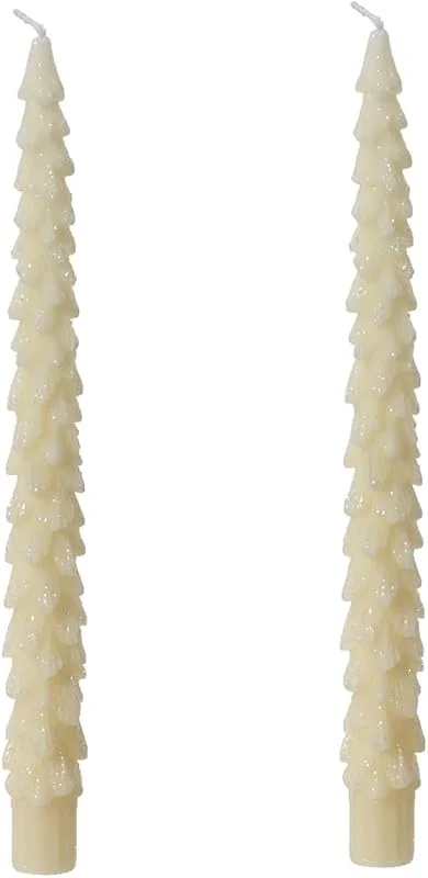 Marke: Kaemingk Kaemingk Spitzkerzen ca. 25cm 2er Set mit Glitzer Wachs Weihnachtskerzen Tannenbaum Wollweiß Ivory - Elfenbein - cremeweiß — Kerzenlicht Abendessen