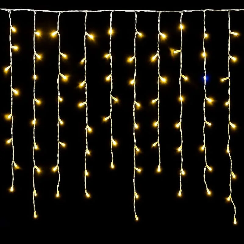 Marke: IXTRIMA Lichtervorhang mit 200 LEDs, 5 m, gelbes Licht, weißes Kabel, IP65, verlängerbar, mit hängenden Drähten in abwechselnden Längen (30 – 70 – 40 – 60 cm) für Wasserfall-Effekt — Weihnachtsbeleuchtung