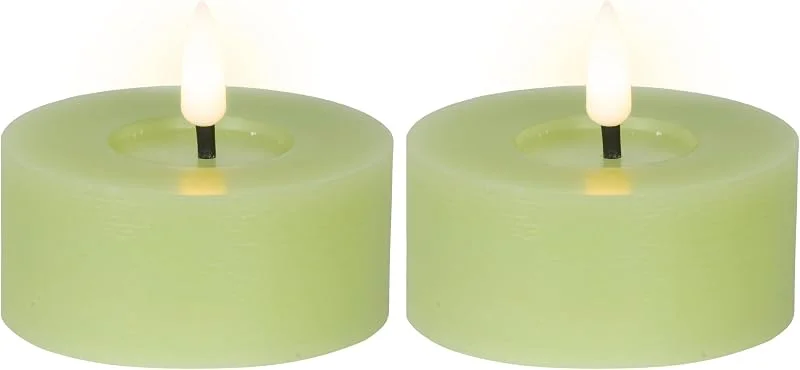 Marke: Lumineo Lumineo LED Teelichter mit Timer 7x6cm Wachs 2 Stück - Wachskerzen mit 6 Std. Timer - Echtwachskerze batteriebetrieben - Flammenlose Kerzen als Tischkerzen Dekokerzen Teelicht - Hellgrün Warmweiß — Kerzenlicht Abendessen