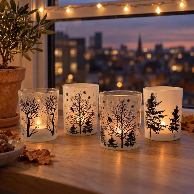 Marke: INtrenDU Teelichthalter Glas 4er Set, Windlichter mit Baum-Motiven, Herbst & Winter — Advent und Tisch