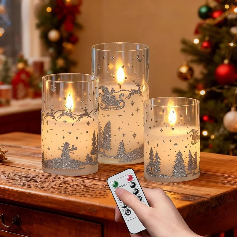 Marke: DRomance Flammenlose Rentier-Kerzen, batteriebetrieben mit Fernbedienung und Timer, Echtwachs, silberfarben, Glitzer, 3D-Docht, LED, flackernde Kerzen, warmes Licht, Innendekoration — Weihnachtsbeleuchtung