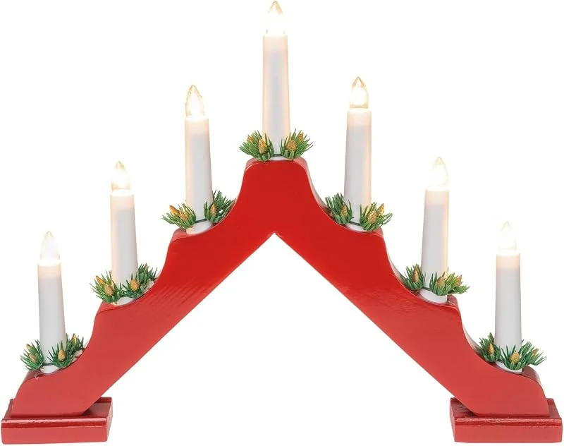 Besuche den Idena-Store Idena 31604 - LED Adventsleuchter mit 7 LED Kerzenlichtern in Warmweiß, Schwibbogen aus rot lackiertem Holz, mit Ersatzlampe und Schalter, Deko für Innen, als Winter-, Advents- und Weihnachtsdeko