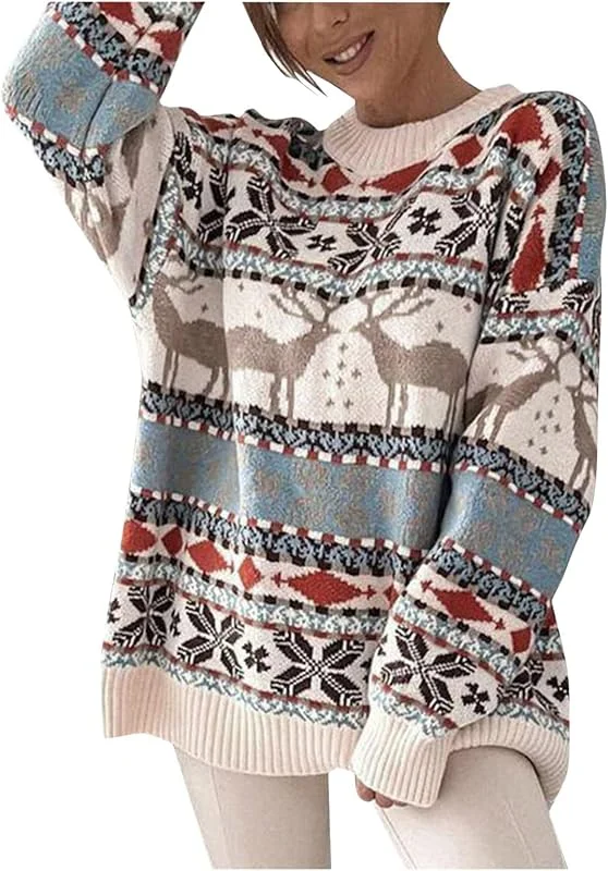 Marke: JYGNPC Weihnachtspullover Damen Winter Warm Christmas Sweater Mit Rentier Muster Lustig Strickpullover Weihnachten Rundhals Langarm Pullover Ugly Casual Weihnachtspulli — Weihnachtsmode