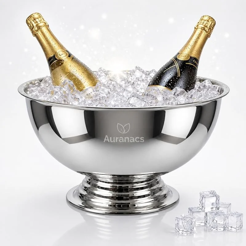 Marke: Auranacs Vertus, Champagnerschale aus Edelstahl, Spiegelpolierte Bowl mit exklusivem Fuß, Großer Sektkühler Ø 40cm, Dekorativer Getränkekühler für Champagner & Wein, Perfekt für Partys & Events — Wein und Festtafel