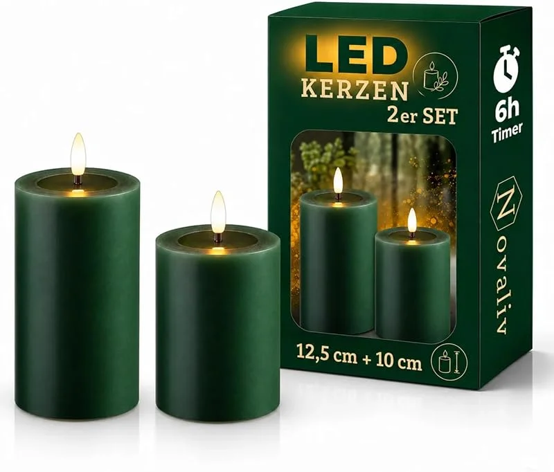 Besuche den Novaliv-Store Novaliv 2er Set Led Kerzen flackernde Flamme mit Echtwachspiegel grün 7, 5cm ø 1x 12, 5 cm, 1x10 cm Höhe, LED Kerzen mit Timerfunktion, 2 AA Batterien nötig, LED Echtwachs Stumpenkerzen warmweiß — Kerzenlicht Abendessen