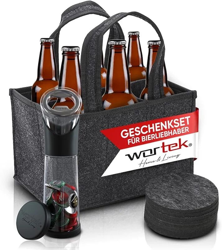 Besuche den wortek-Store wortek Geschenkset Männer Geschenke - Männerhandtasche Bier aus Filz mit 6 Fächern - Flaschenöffner mit Auffangbehälter - Untersetzer Gläser 8er Set - Witzige Geschenke für Männer und Bierliebhaber — Wein und Festtafel