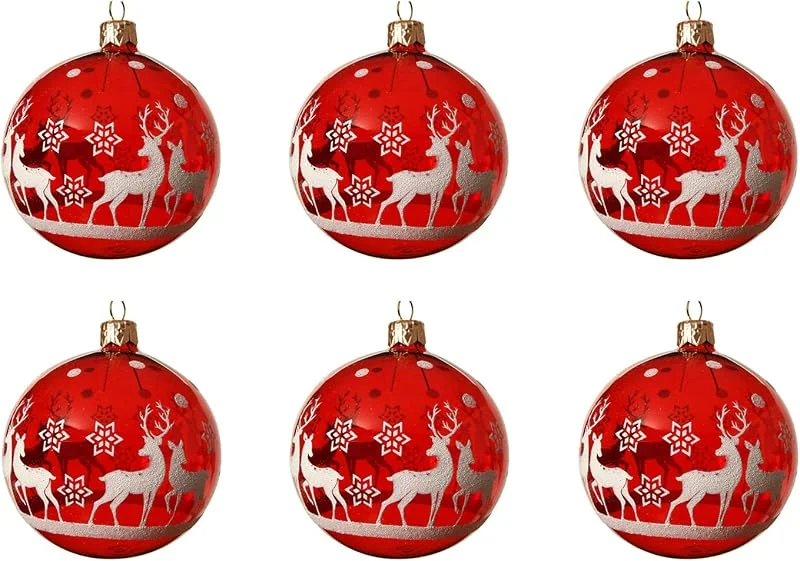 Marke: Decoris Decoris Weihnachtskugeln Glas 8cm x 6 Stück mit Motiv Rentiere mundgeblasen handbemalt transparent rot weiß — Weihnachtsdeko