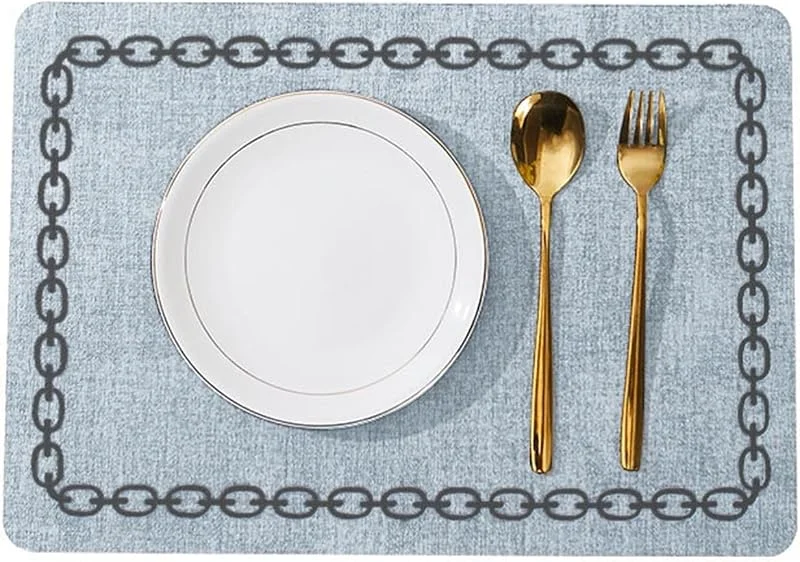 Besuche den Epinki-Store Epinki Tischset Abwaschbar Personalisiert Quadratisch, 2er Set 30x43CM Platzsets Vintage Kette Muster Anti-Rutsch aus PU Leder, Tischuntersetzer Abwaschbar Grau Blau für Speisetisch Platz-Matten — Küche & Haushalt
