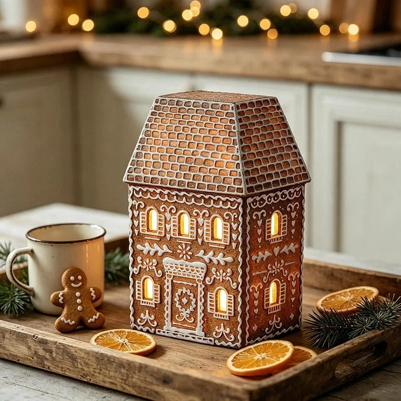 Marke: Cynkeyee Cynkeyee Lebkuchenhaus-Weihnachtsdekoration – 19, 1 cm große Harzfigur, Weihnachtsdorf-Sammelstück, beleuchtet, Vintage-Bauernhaus-Tischdekoration, niedliche Zuckerguss, Süßigkeiten, Landhaus-Ornament
