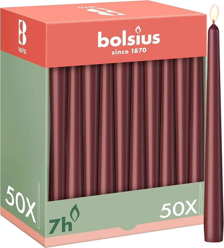 Besuche den bolsius-Store Bolsius Glatte Spitzkerzen - Bordeauxrot - 50 Stk. - 24, 5 cm - Dekorative Haushaltkerzen - Brenndauer 7 Stunden - Unparfümierte - Enthält Natürliches Pflanzenwachs - Ohne Palmöl — Kerzenlicht Abendessen