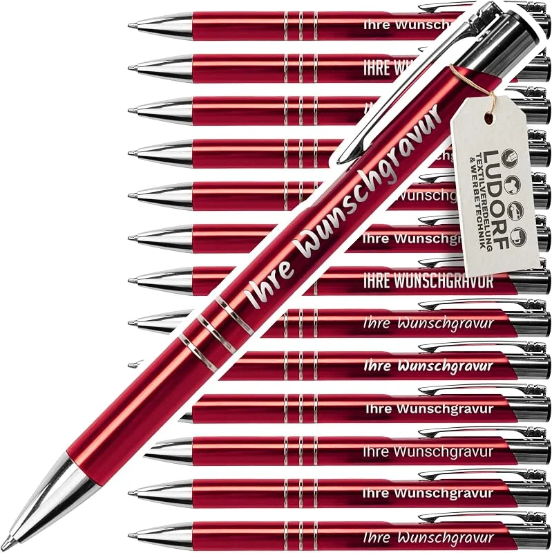 Besuche den #teamludorf-Store 100x Metall-Kugelschreiber mit Wunsch-Gravur - Personalisierte Kulis - Stift mit Namen - 14 Farben & 20 Schriftarten - 100 Stück - Rot — Wein und Festtafel