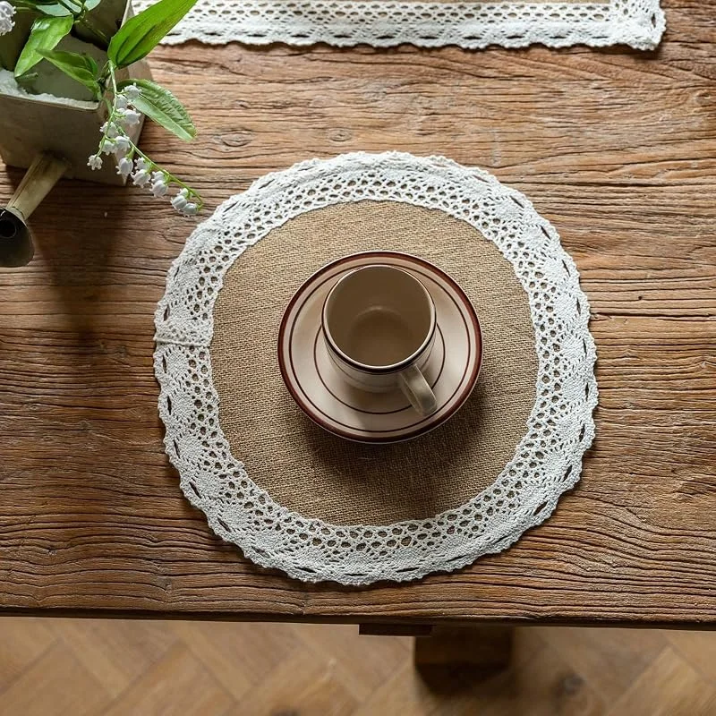 Besuche den Epinki-Store Epinki Tischsets Platzsets Boho, 2Pcs Set 38CM Platzdeckchen Waschbar Einfarbig Blumen Spitze Hitzebeständige aus Leinen, Tisch-Sets Braun Beige für Tisch, Bar — Küche & Haushalt